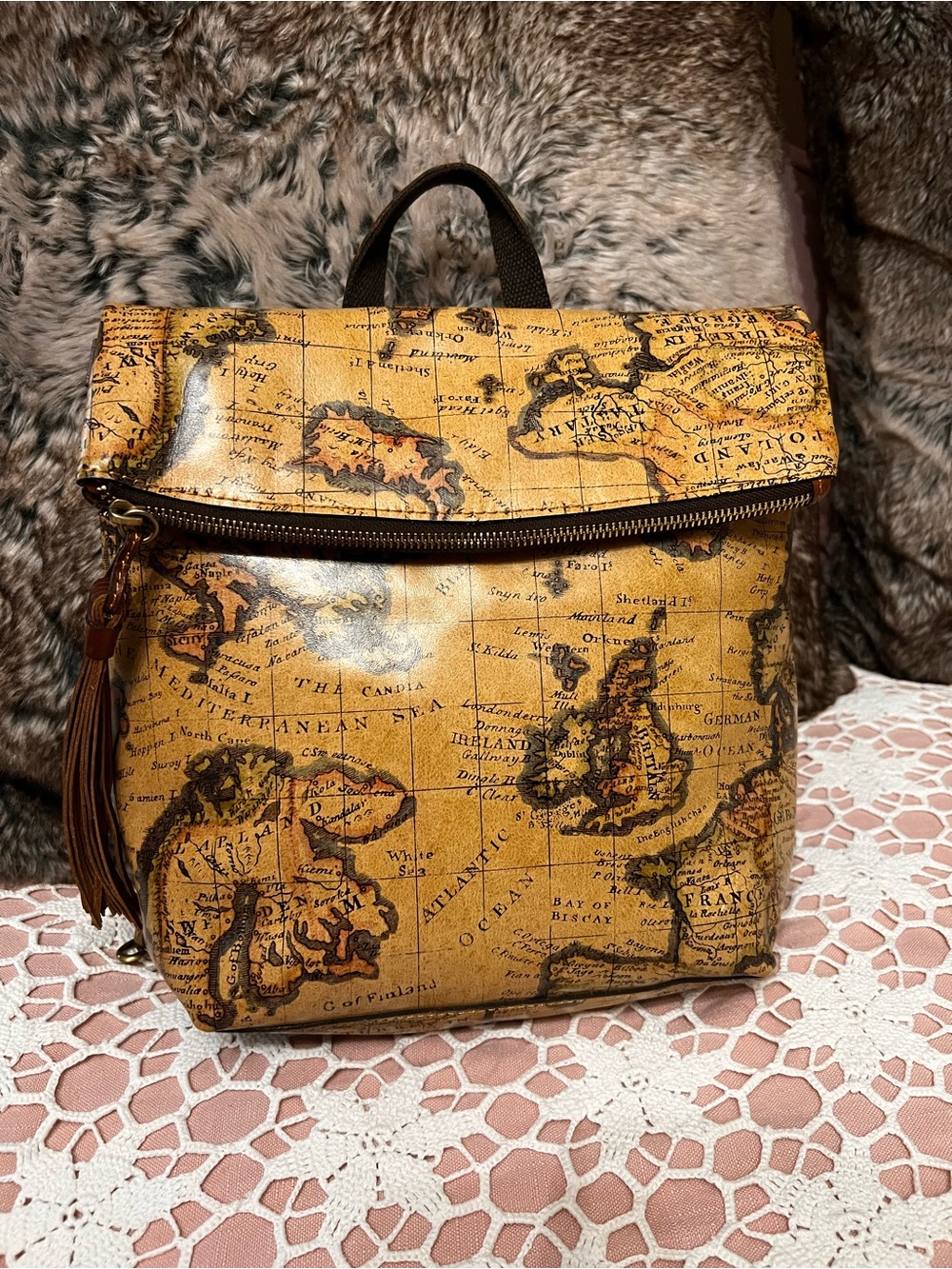 Patricia Nash Yellow Map-Print Leather Backpack